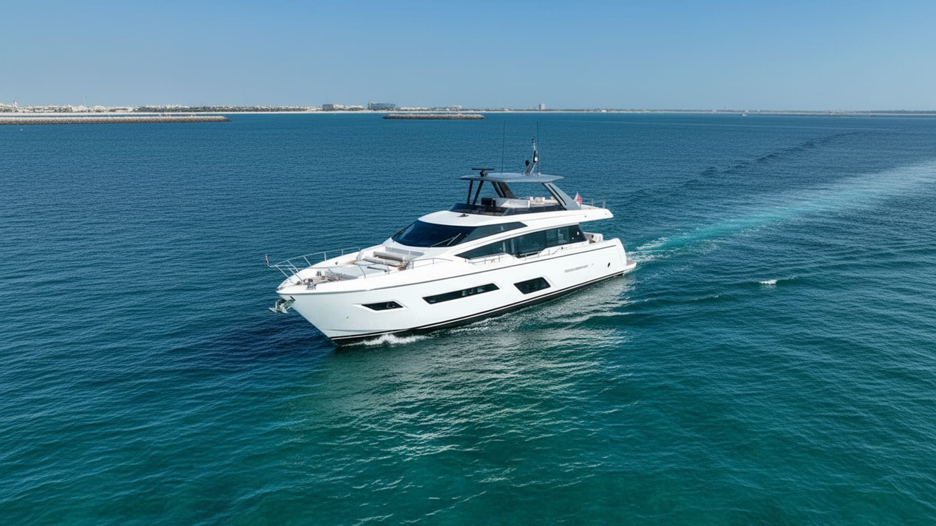 Breeze Victor 78 ft aerial view, stunning Dubai Marina yacht rental
