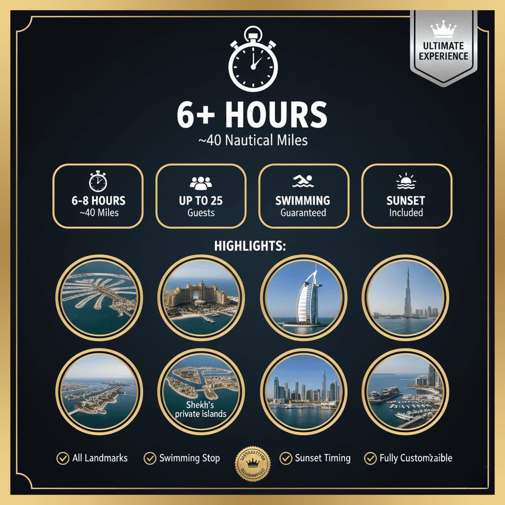 Dubai full-experience yacht tour route, comprehensive highlights experience.