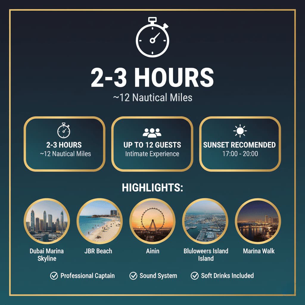 Dubai Marina JBR yacht tour route experience in Dubai.