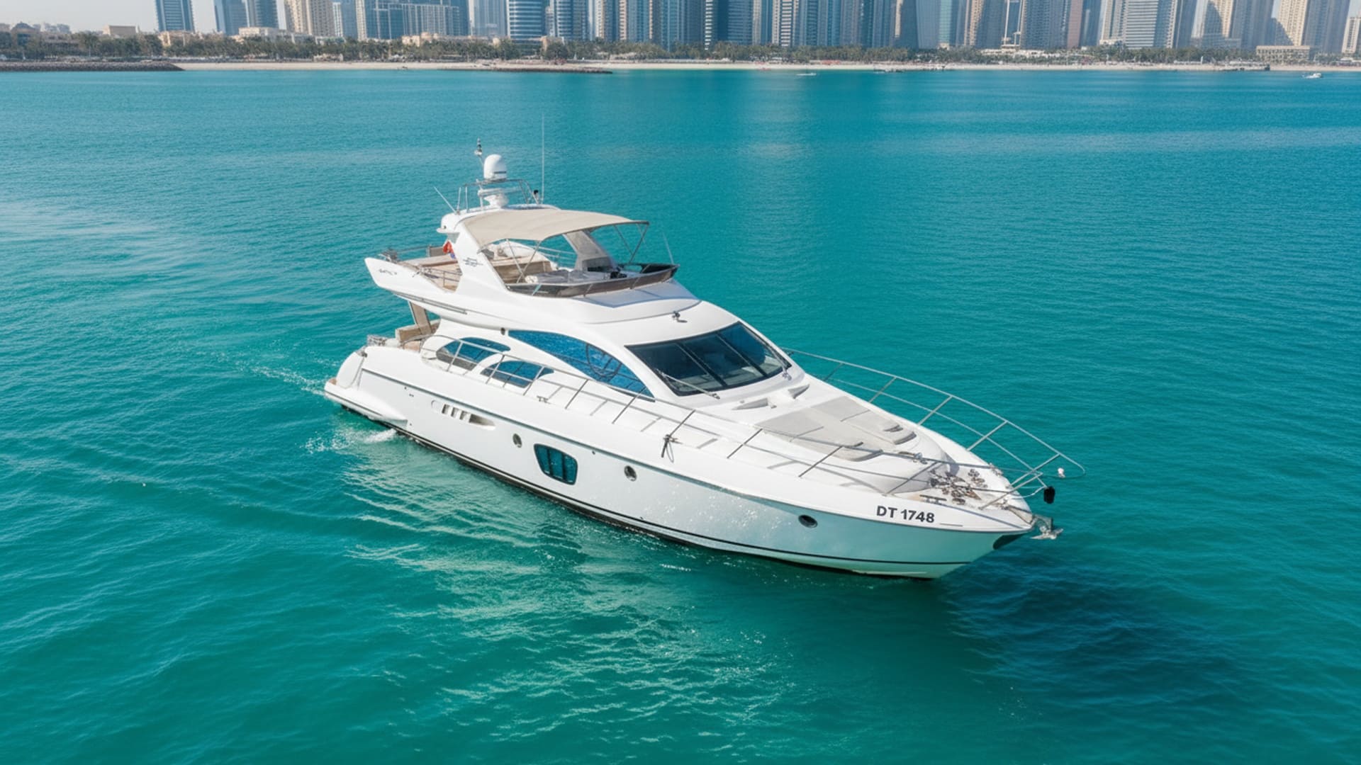 Aerial view of Spirit Breeze 55 ft cruising Dubai waters