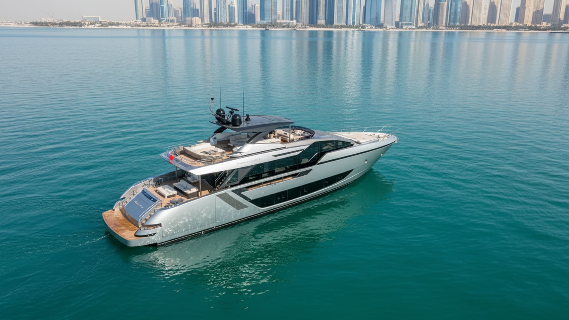 Aerial view Crystal Adventurer 82 ft yacht, cruising Dubai Marina