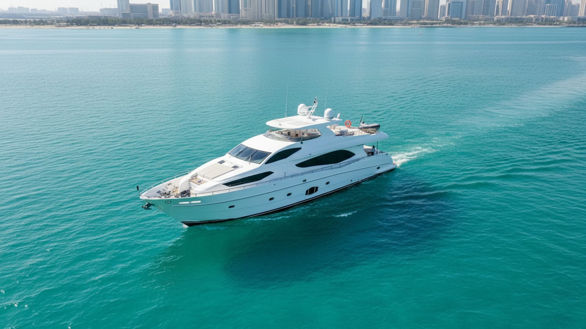 Aerial view of Horizon Oasis 101 ft yacht in Dubai Marina