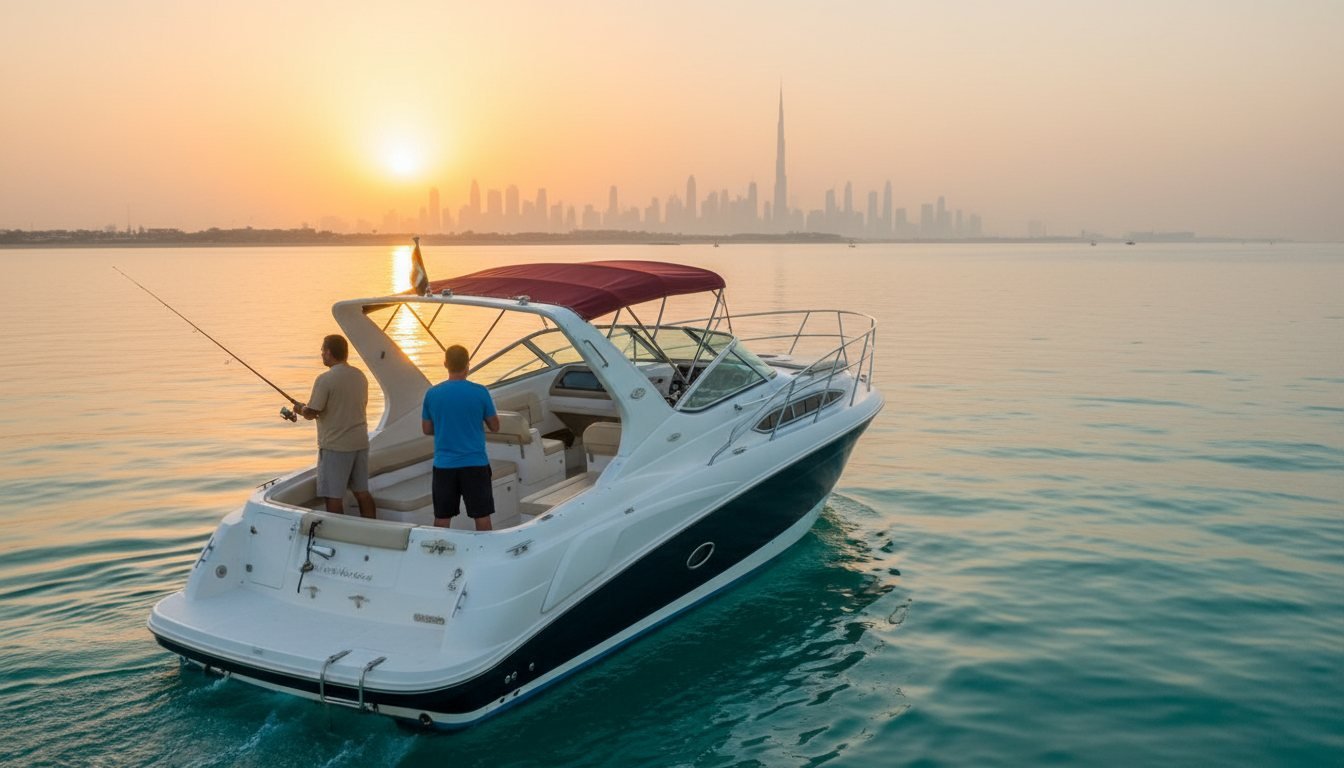 Anglers casting fishing rods from the stern of a boat off Dubai