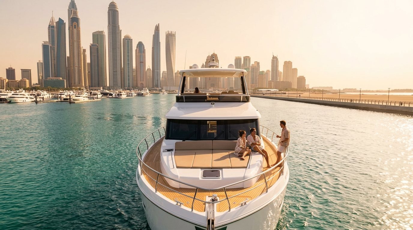 Bow view over water toward towering skyscrapers lining Dubai Marina