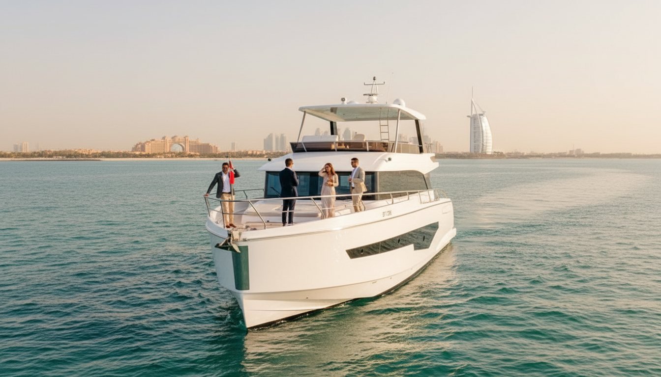 Business colleagues mingling on a spacious yacht deck along the Dubai coastline