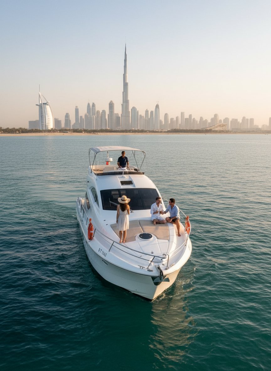 Captain steering at the helm while guests relax on the aft deck
