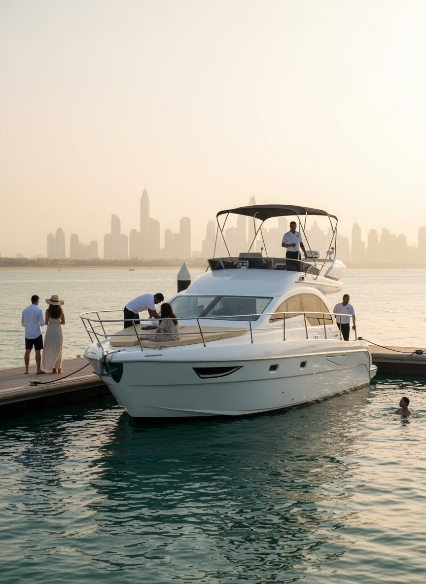 Professionelle Bootscrew empfängt Gäste am Pier im Yachthafen von Dubai