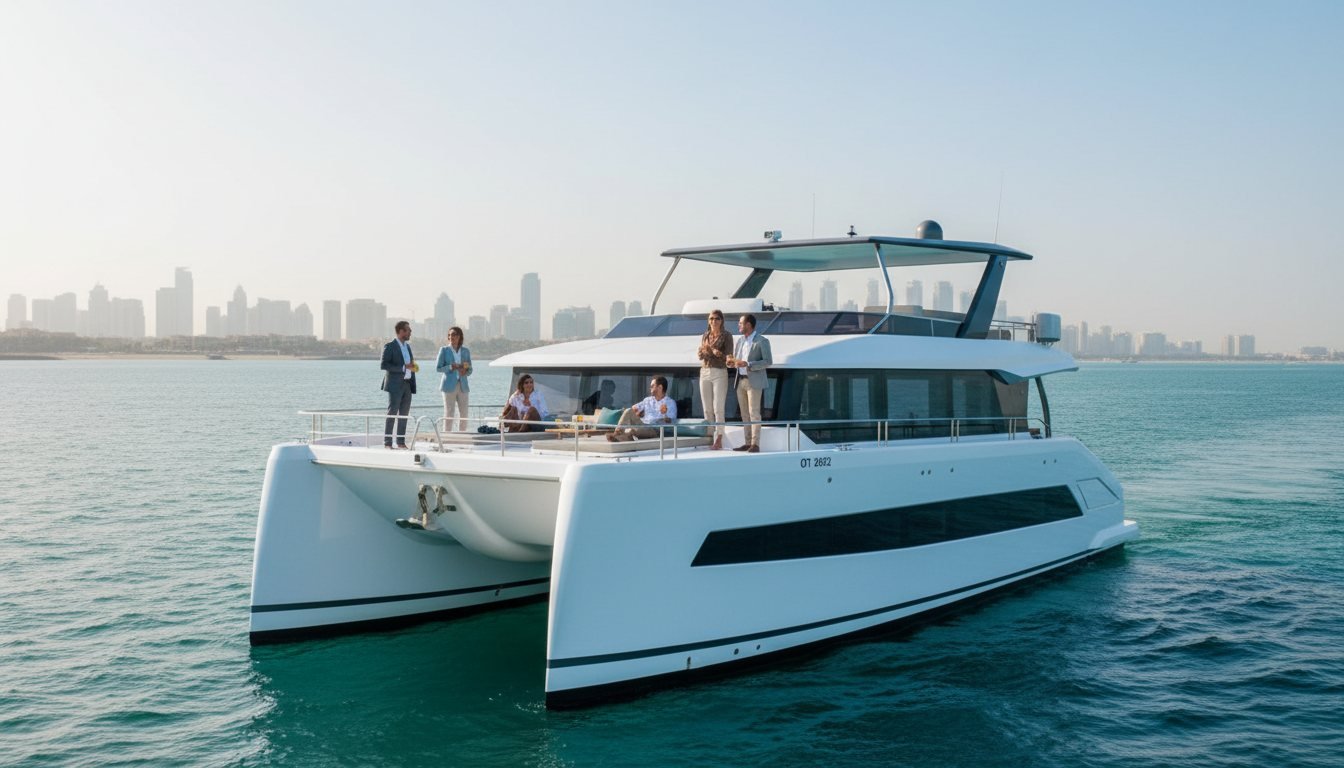 Corporate group enjoying drinks on an open yacht deck near Dubai coast