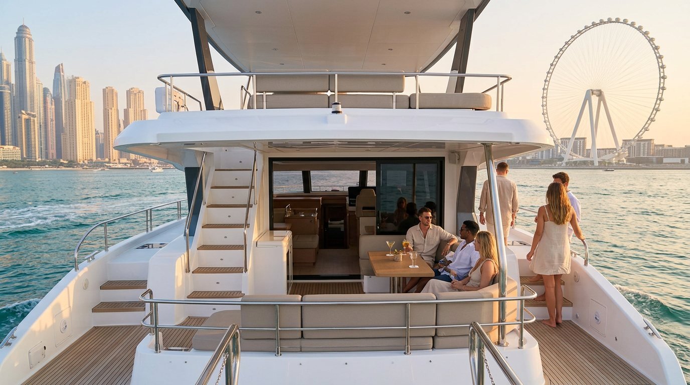 Elegante weiße Yacht passiert die markanten Sehenswürdigkeiten der Stadt Dubai