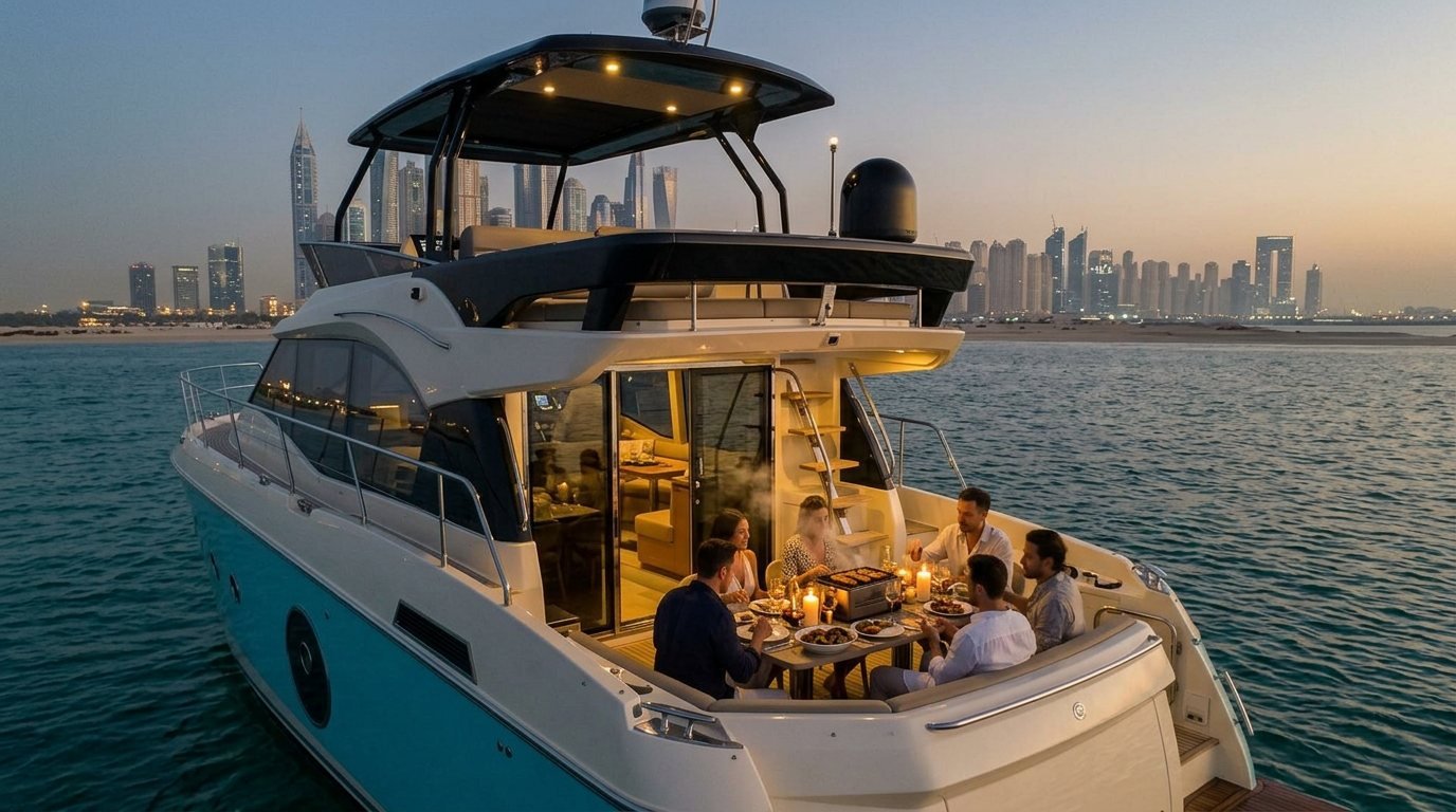 Elegant dinner table set with candles on a yacht deck before Dubai Marina