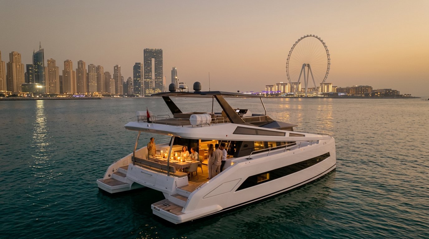 Elegant dinner table set with candles on a yacht deck before Dubai Marina
