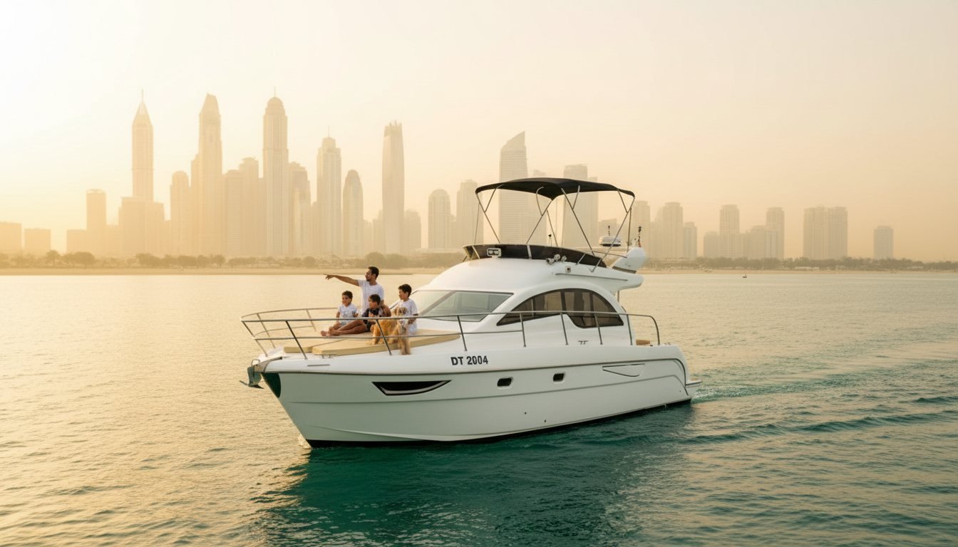 Family with children enjoying sea views aboard a Dubai charter yacht
