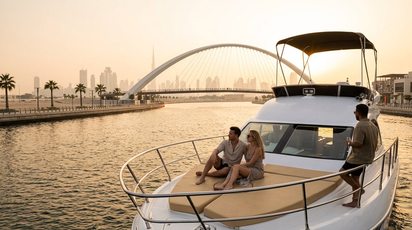 Gemütliche Sitzgruppe auf dem Deck mit Aussicht auf Dubais berühmte Architektur