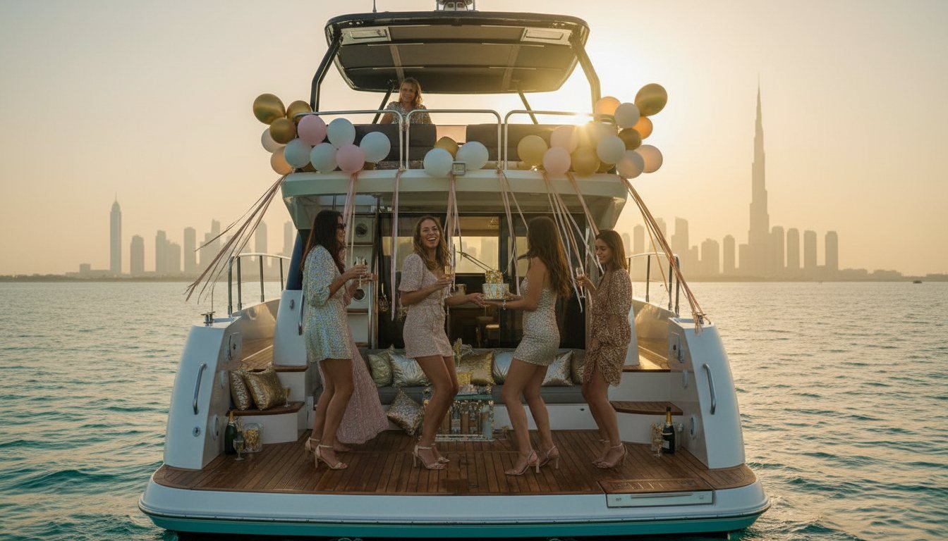 Friends celebrating with colorful balloons aboard a motor yacht near Dubai shores