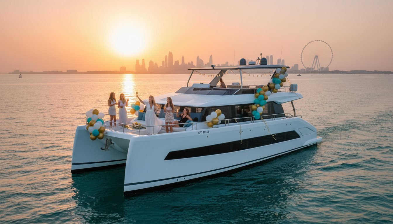 Guests cheering on a balloon-decked yacht sailing off the Dubai coast