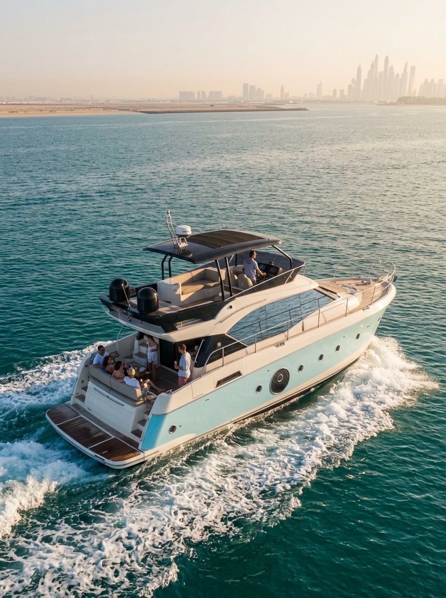 High view of captain navigating yacht while guests gather on deck