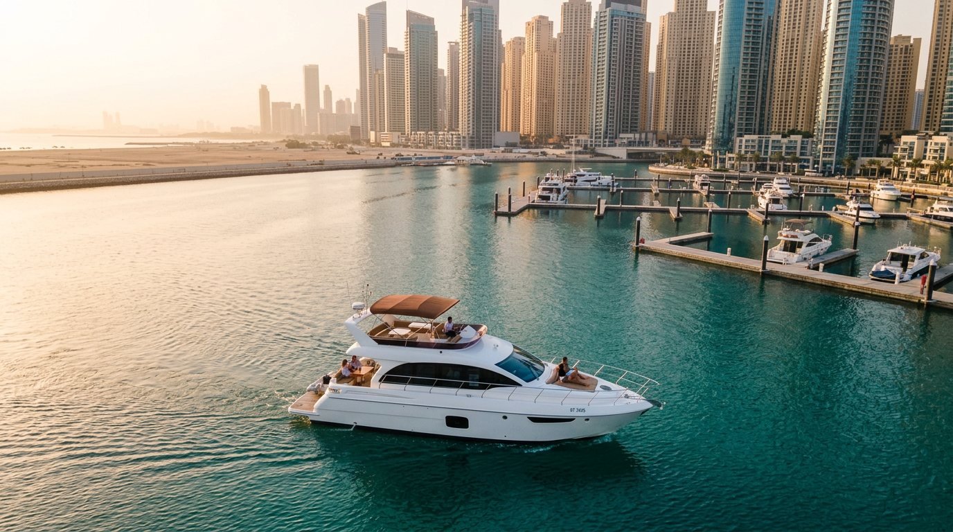 High view over Dubai Marina berths and residential towers rising above water