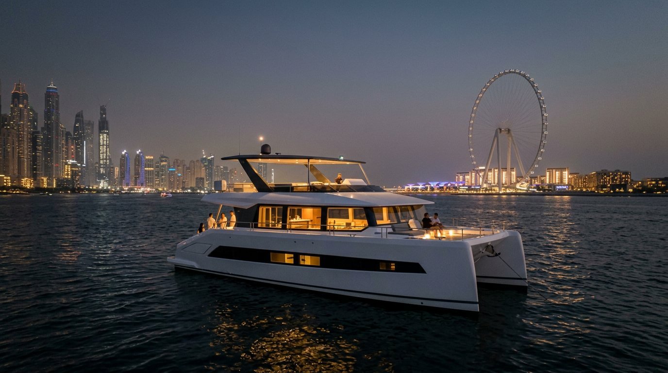 Illuminated motor yacht resting at anchor with the glowing Dubai skyline behind