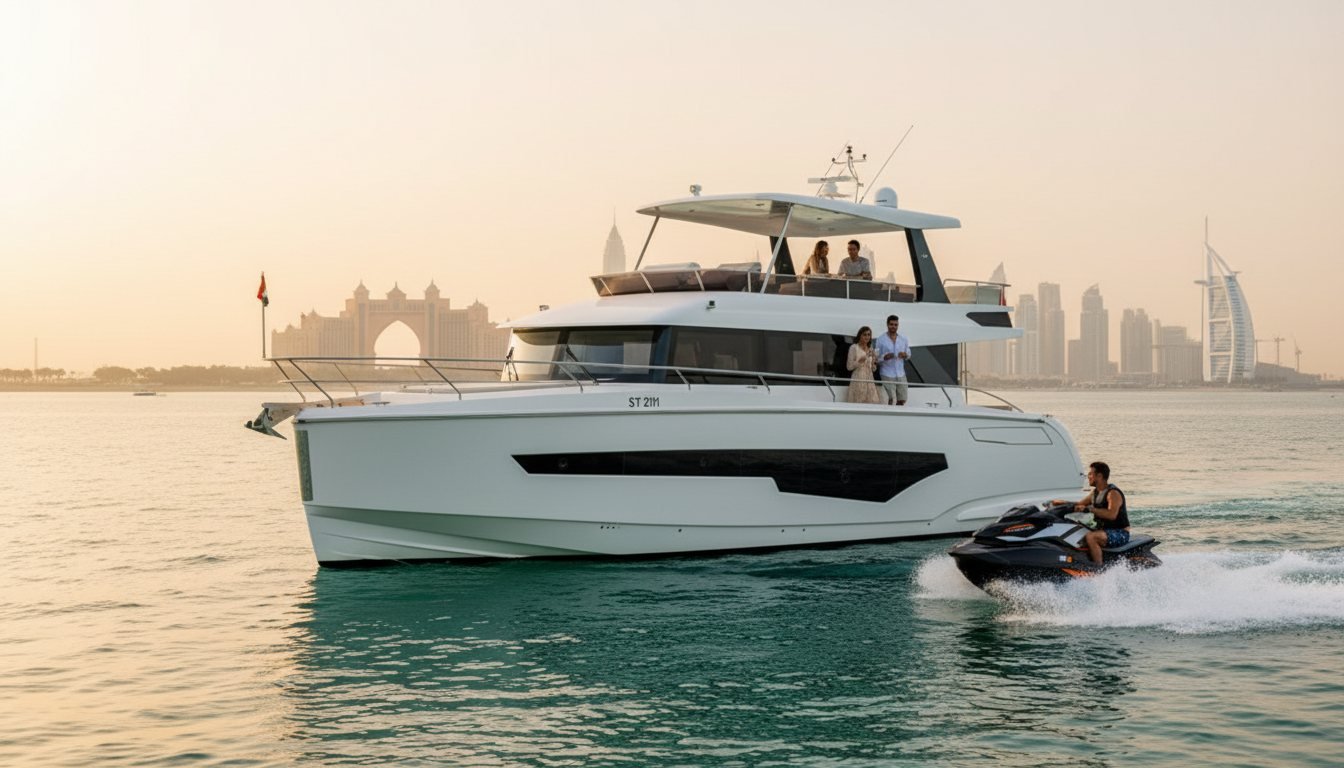Jet ski skimming past a cruising motor yacht near Dubai shores