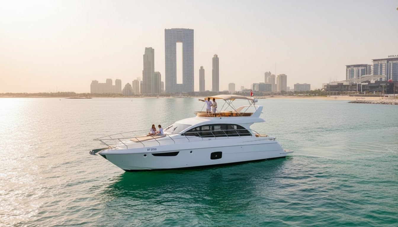 Motor yacht floating peacefully on calm waters off the Dubai coastline