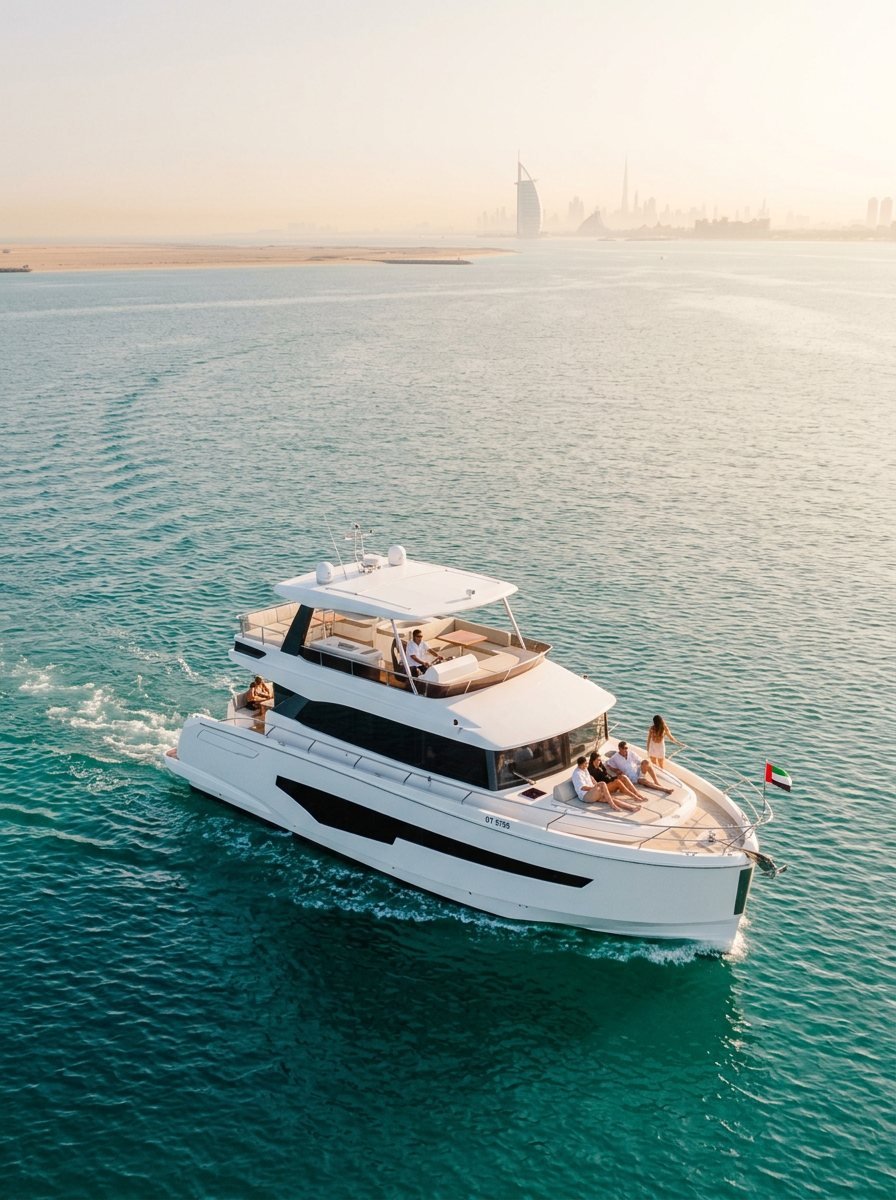 Overhead perspective of captain at helm and passengers enjoying the morning cruise