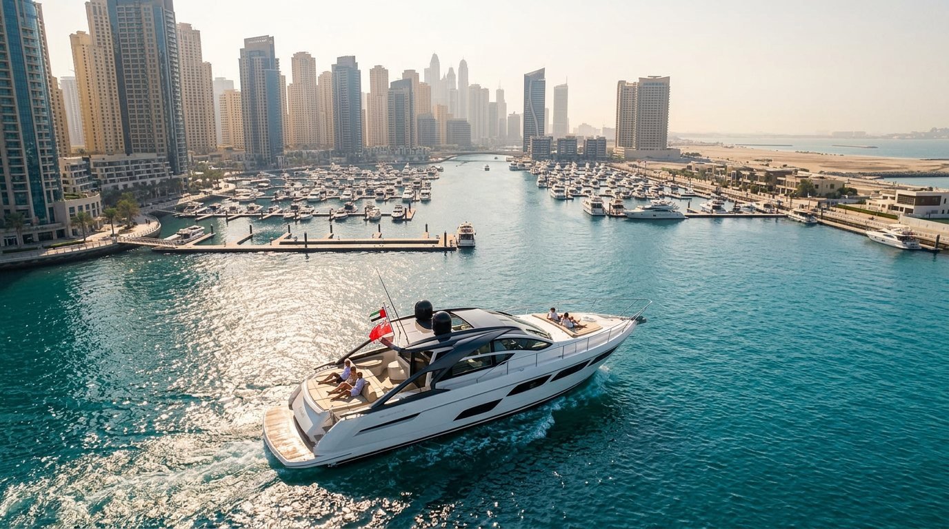 Moderne Stege und festgemachte Schiffe in einem Yachthafen in Dubai