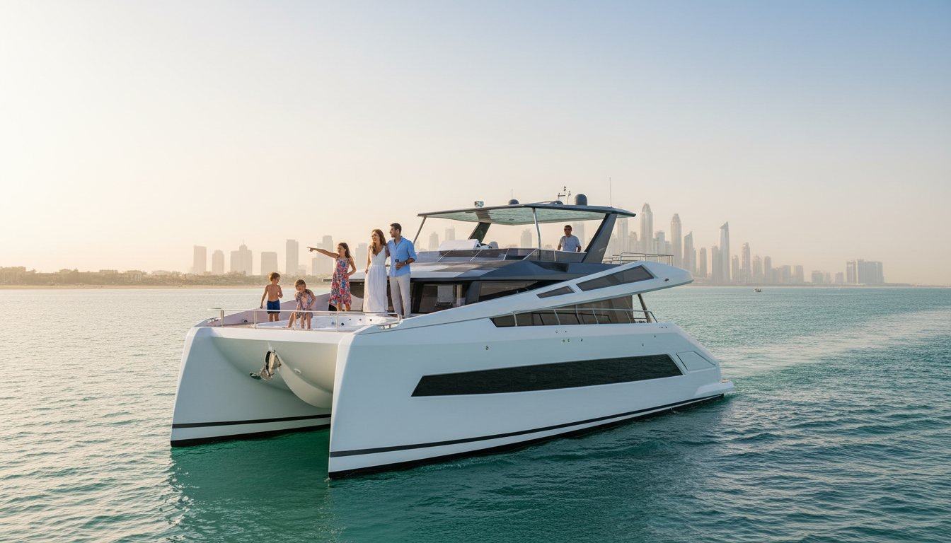 Parents and children relaxing on deck during a Dubai yacht cruise