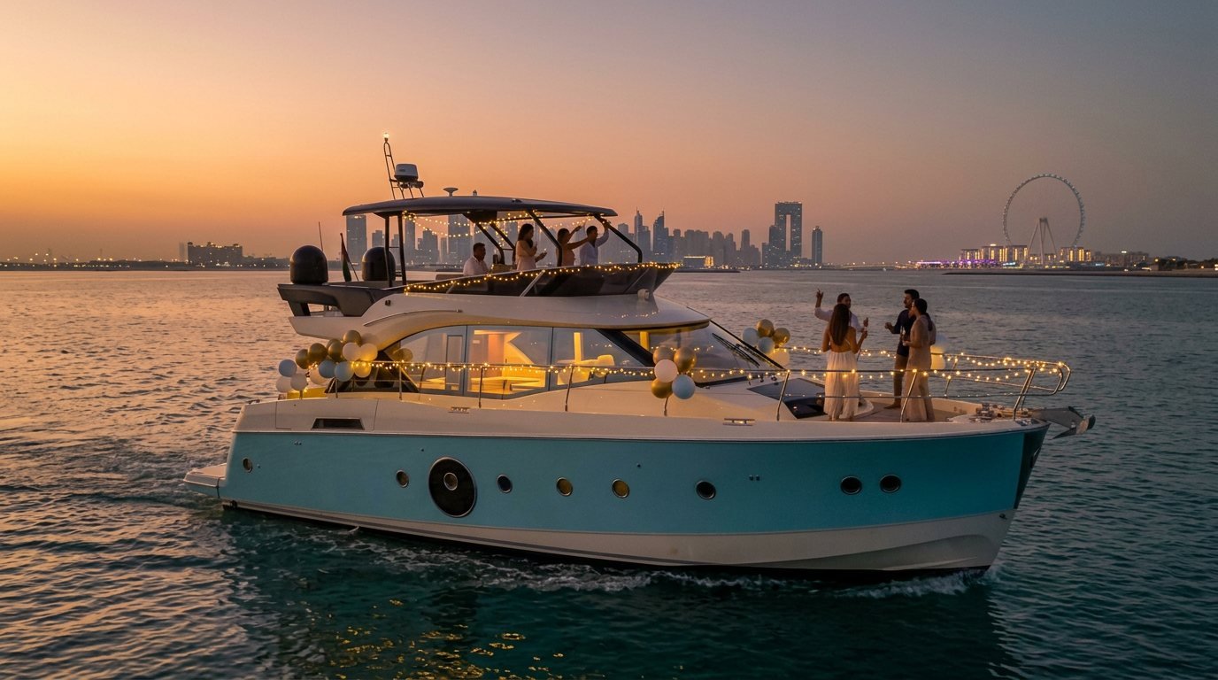 Party guests celebrating on a decorated yacht deck before Dubai skyline