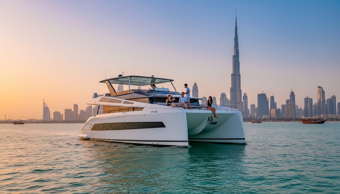 Private yacht cruising calmly past recognizable landmarks of Dubai