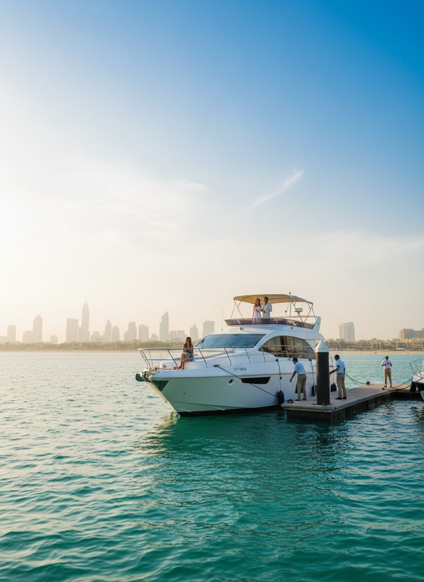 Yachtcrew versammelt sich am sonnigen Steg vor modernen Booten in Dubai