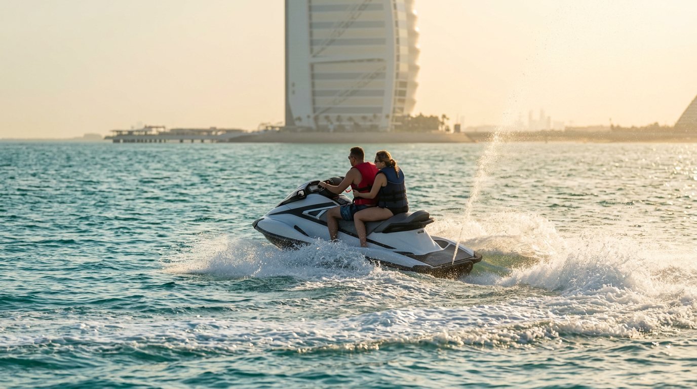 Schneller Jetski zieht weite Gischtspuren im Meer vor dem Burj Al Arab