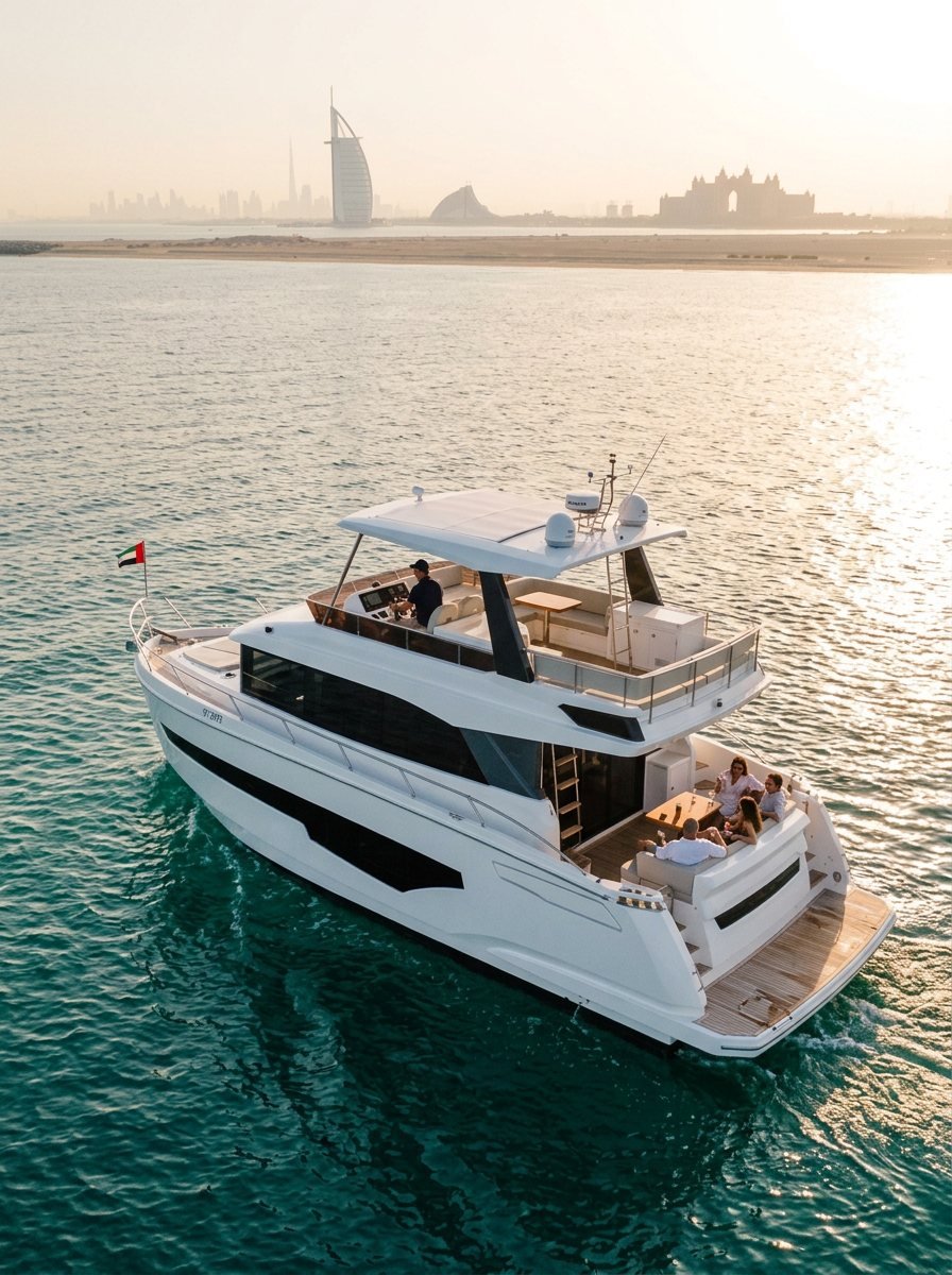 Top view of helm station and relaxed guests on a Dubai yacht
