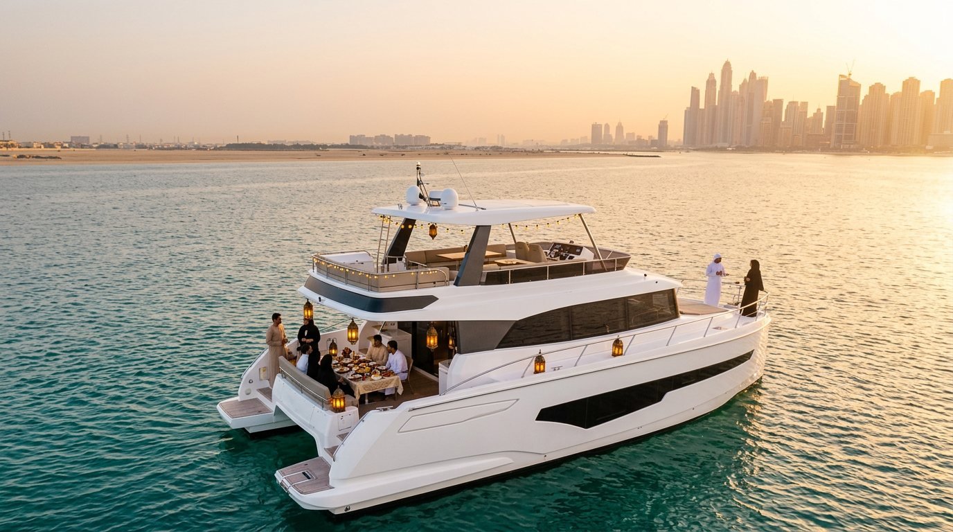 Traditional iftar dishes and glowing lanterns set on a yacht deck