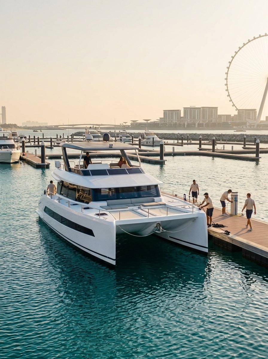 Schiffsbesatzung steht bereit an der Anlegestelle eines Yachthafens in Dubai