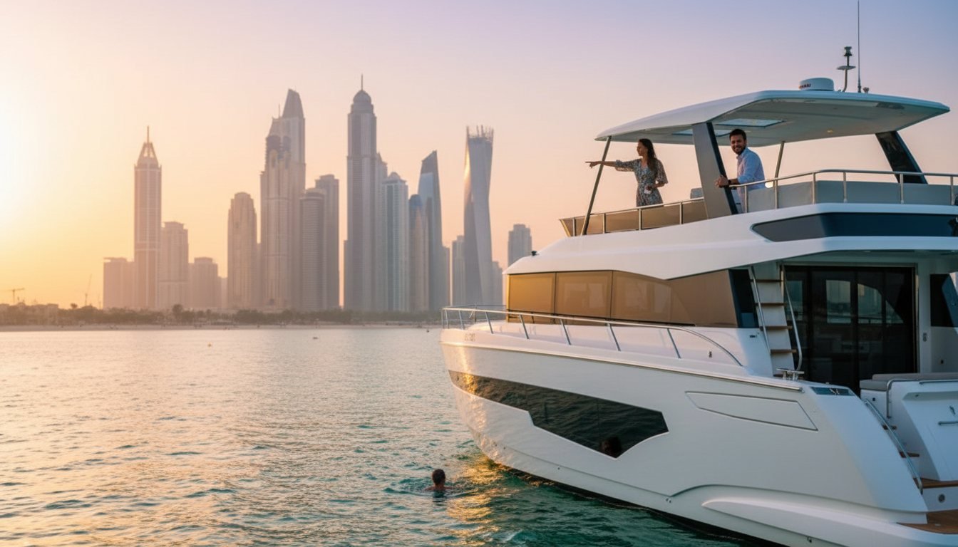 Waterfront view of berthed yachts and high-rise towers in Dubai marina