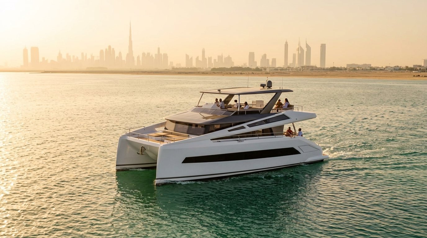 Weiße Motoryacht fährt auf ruhiger See vor der beeindruckenden Skyline Dubais